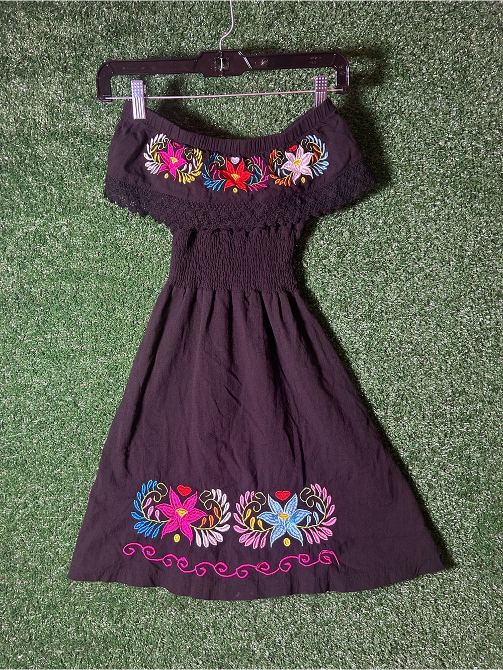 Embroidered Mexican Peasant Dress Girls 7-8 Off Shoulder Smocked Boho Black Size